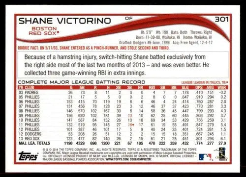 2014 Topps #301 Shane Victorino NM-MT Red Sox ID:73221 - Baseball Card Single