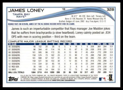 2014 Topps #328 James Loney NM-MT Rays ID:72361 - Baseball Card Single