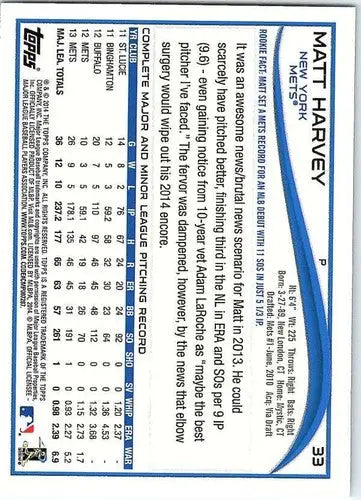 2014 Topps #33 Matt Harvey NM-MT Mets ID:70755 - Baseball Card Single