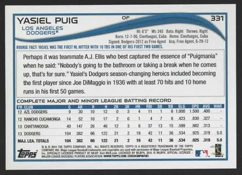 2014 Topps #331 Yasiel Puig NM-MT Dodgers ID:81519 - Baseball Card Single