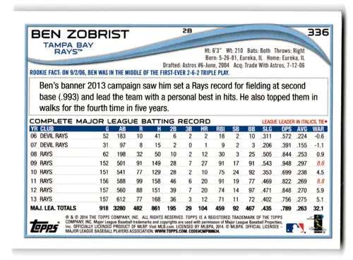 2014 Topps #336 Ben Zobrist NM-MT Rays ID:70494 - Baseball Card Single