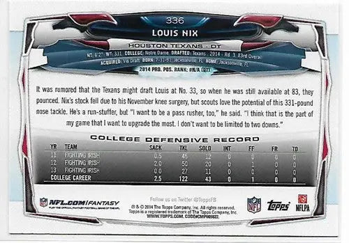 2014 Topps #336 Louis Nix NM-MT RC Rookie Texans - Football Card Single