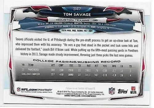 Original gloss Tom Savage football card featuring rookie Texans from 2014 Topps #347