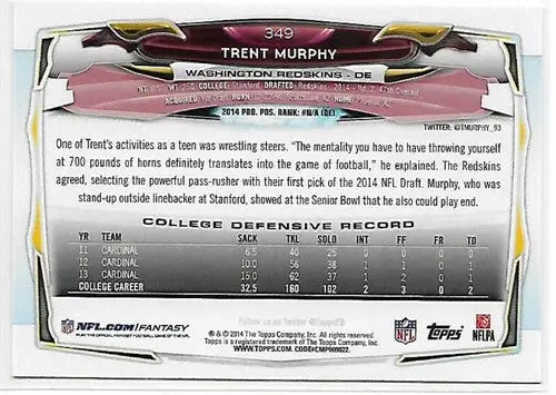 2014 Topps #349 Trent Murphy NM-MT RC Rookie Redskins - Football Card Single