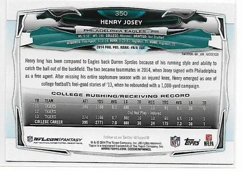 Original gloss Henry Josey rookie Eagles football card from 2014 Topps #350