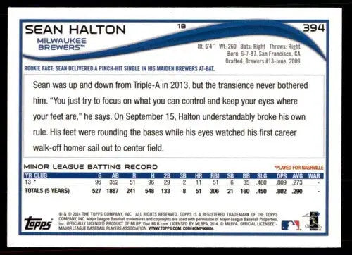 2014 Topps Sean Halton baseball card with original gloss, featuring Brewers player