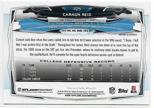Original gloss Caraun Reid rookie Lions football card 2014 Topps #425 NM-MT