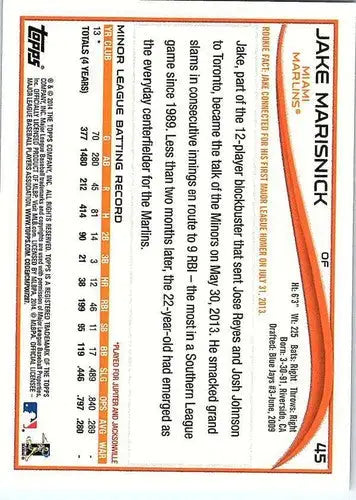 Original gloss baseball card of Jake Marisnick rookie Marlins from 2014 Topps