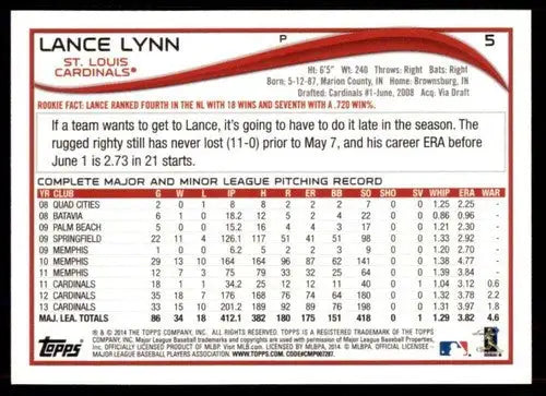 2014 Topps #5 Lance Lynn NM-MT Cardinals ID:72360 - Baseball Card Single