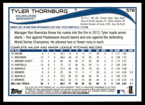 Original gloss Tyler Thornburg baseball card 2014 Topps #578 NM-MT Brewers