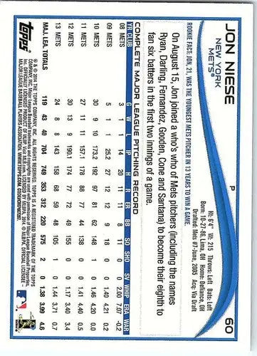 Original gloss baseball trading card of Jon Niese NM-MT from 2014 Topps Mets series