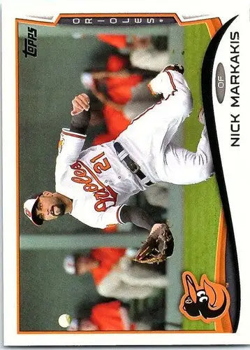 Baseball trading card of Nick Markakis in Orioles uniform with original gloss from 2014 Topps