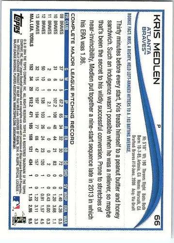 Original gloss Kris Medlen baseball card 2014 Topps #66 NM-MT Braves ID 22212