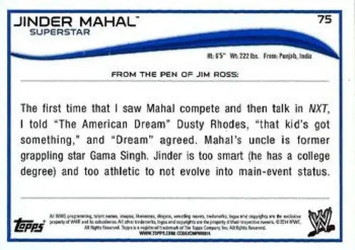 2014 Topps #75 Jinder Mahal NM-MT ID:6360 - Wrestling Card Single