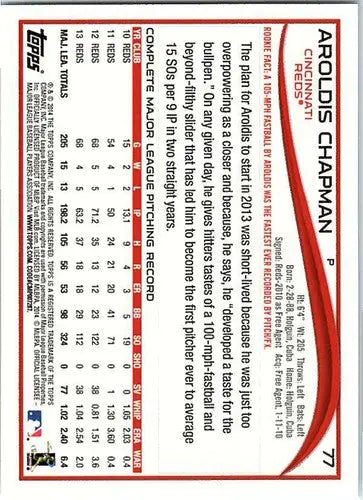 Aroldis Chapman baseball card with original gloss from 2014 Topps NM-MT Reds