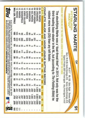 Original gloss baseball trading card for Starling Marte NM-MT from 2014 Topps Pirates