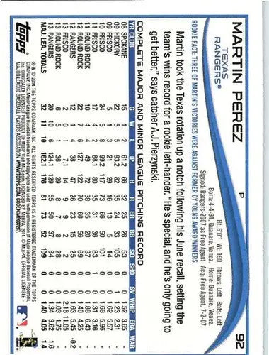 Martin Perez baseball card with original gloss from 2014 Topps #92 NM-MT Rangers