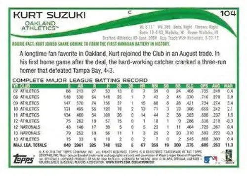 2014 Topps Blue Border #104 Kurt Suzuki NM-MT Athletics - Baseball Card Single