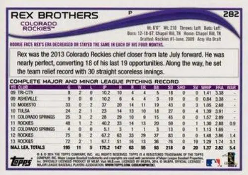 2014 Topps Blue Border #282 Rex Brothers NM-MT Rockies ID:9180 - Baseball Card Single