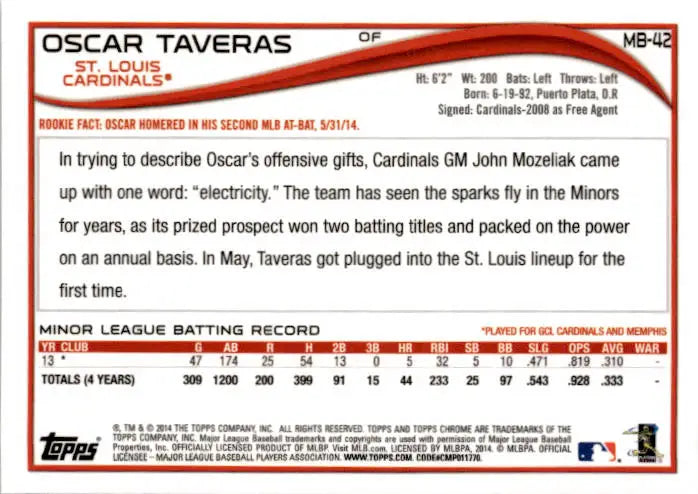 2014 Topps Chrome Update #MB-42 Oscar Taveras - Baseball Card Single