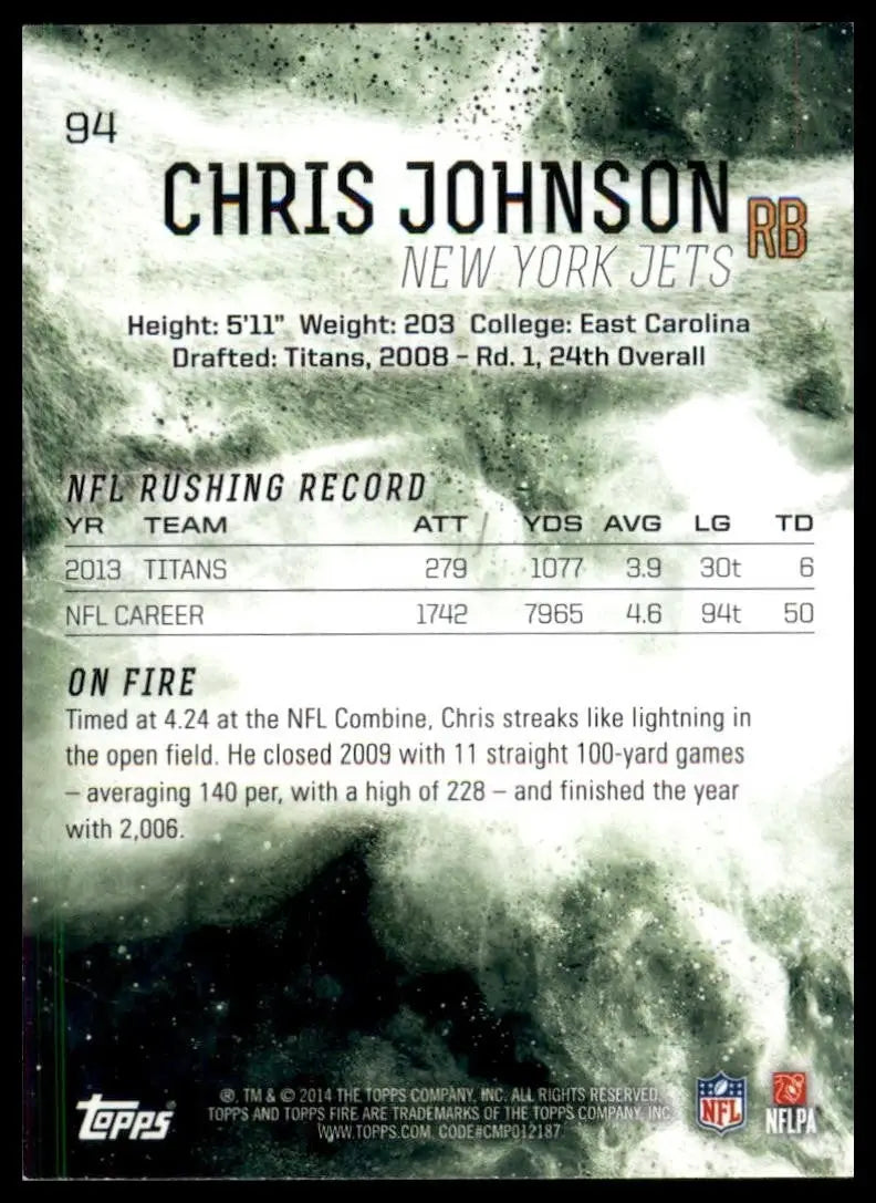 2014 Topps Fire Chris Johnson #94 New York Jets Football Card NFL Sports - Football Card Single