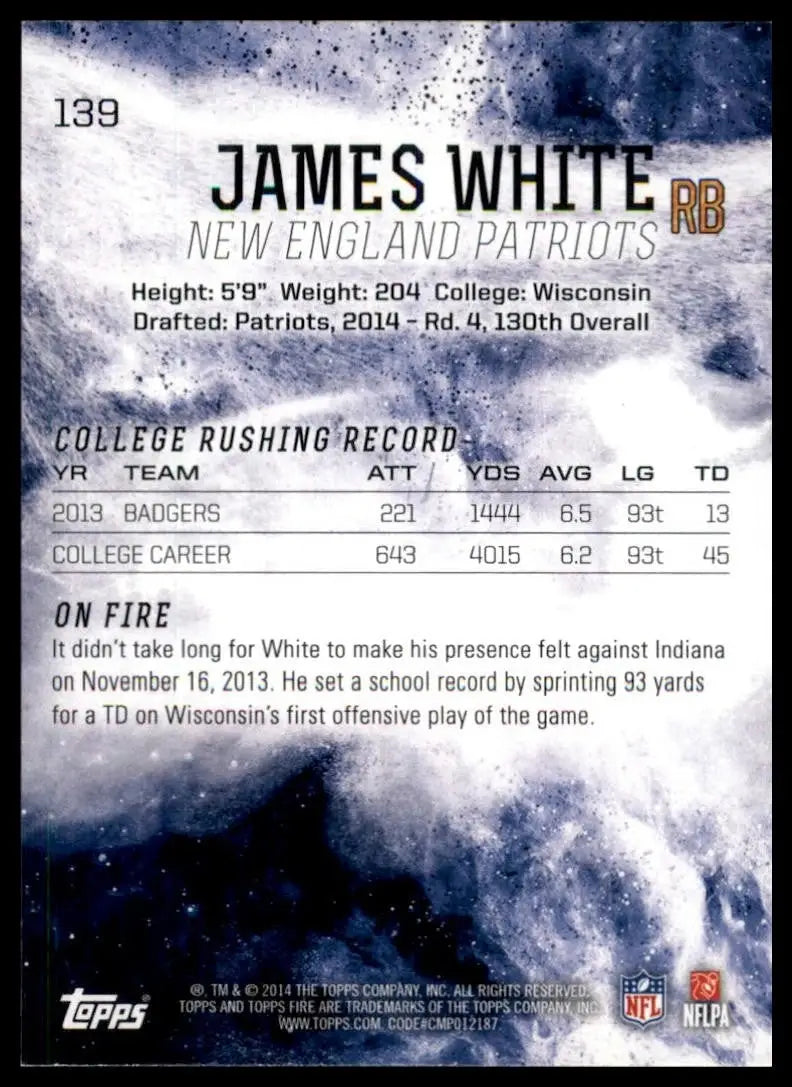 2014 Topps Fire James White #139 Rookie New England Patriots Football Card - Football Card Single