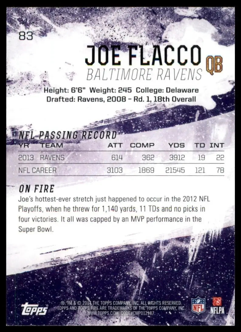 2014 Topps Fire Joe Flacco #83 Baltimore Ravens Football Card NFL Sports - Football Card Single