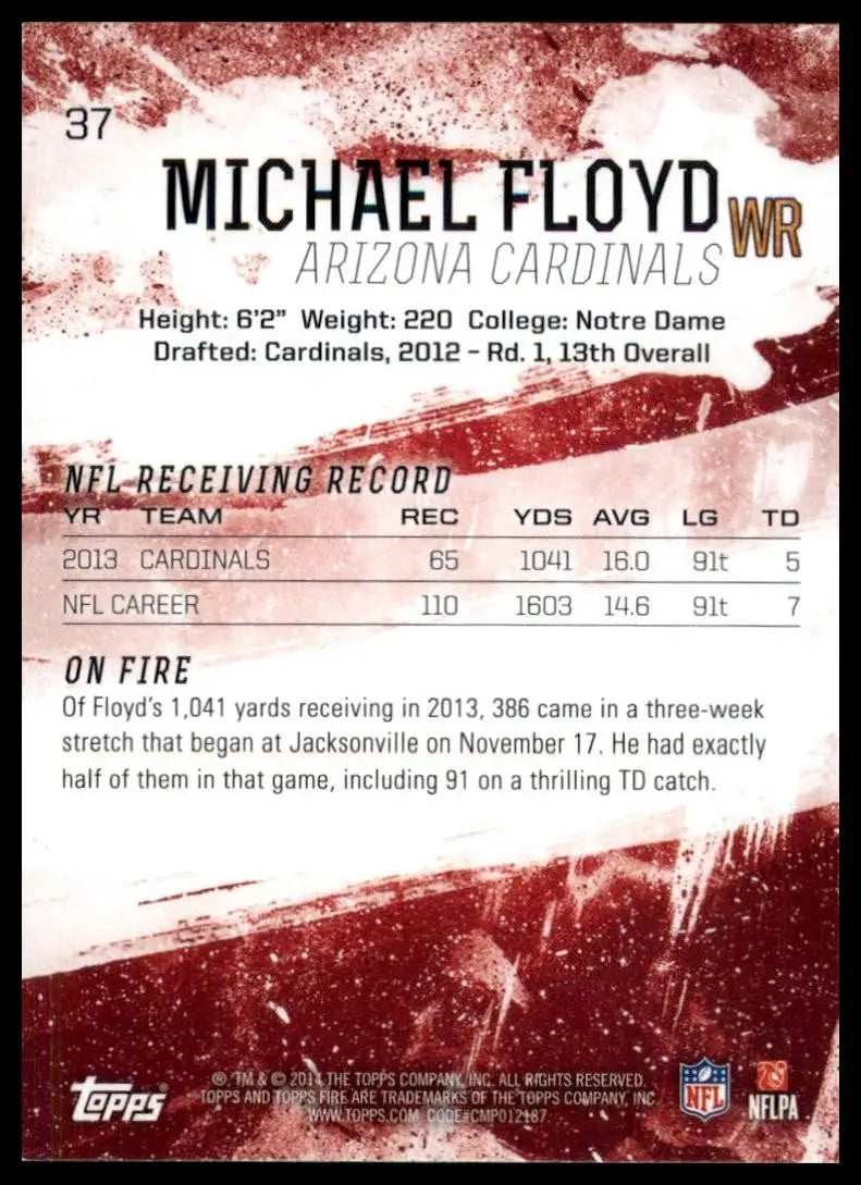 2014 Topps Fire Michael Floyd #37 Arizona Cardinals Football Card NFL Sports - Football Card Single