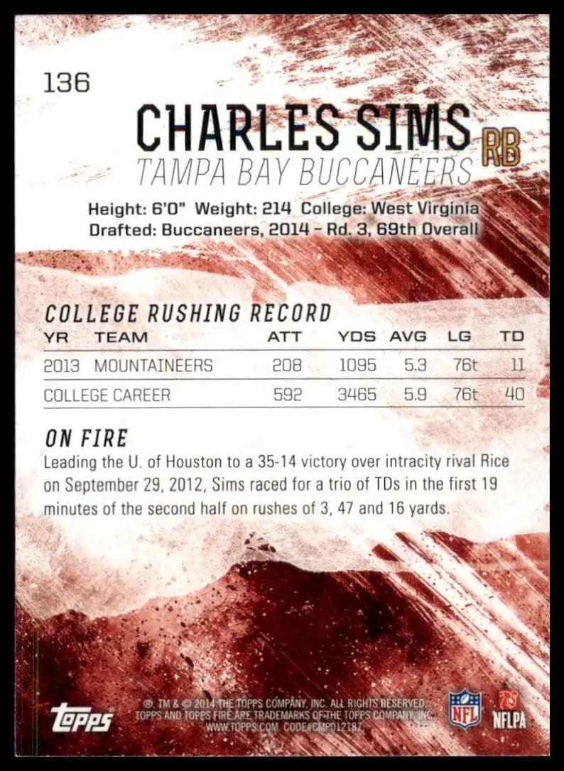 2014 Topps Fire Rookie Charles Sims #136 Tampa Bay Buccaneers Football Card NFL - Football Card Single