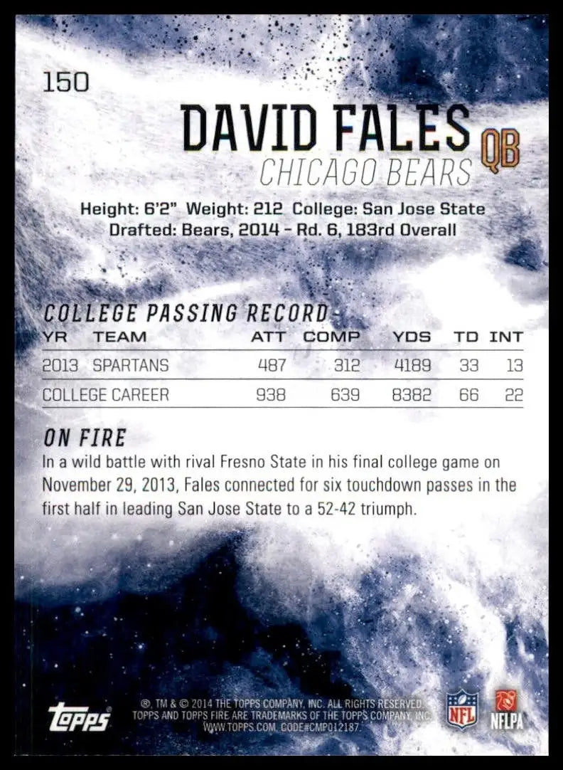 2014 Topps Fire Rookie David Fales #150 Chicago Bears Football Card NFL Sports - Football Card Single