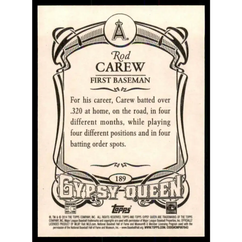 2014 Topps Gypsy Queen #189 Rod Carew NM-MT Los Angeles Angels Baseball Card - Baseball Card Single
