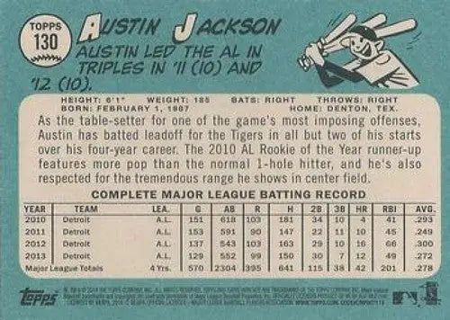Baseball card back with original gloss for Austin Jackson NMMT Topps Heritage 2014