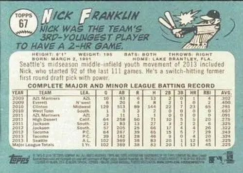 Original gloss Nick Franklin NMMT baseball card from 2014 Topps Heritage Mariners