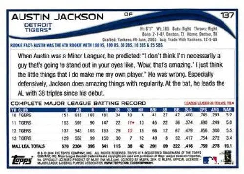 Original gloss baseball card from Topps Opening Day featuring Austin Jackson NMNT Tigers