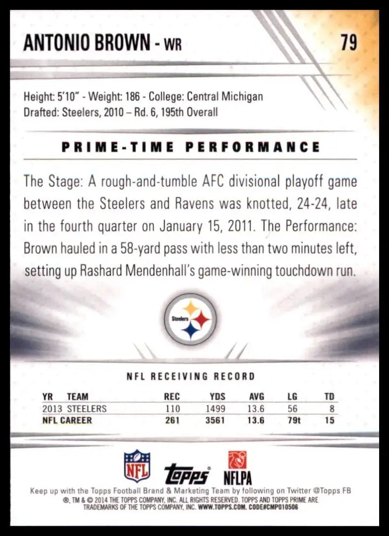 2014 Topps Prime - Antonio Brown #79 Breaking Tackles - Football Card Single