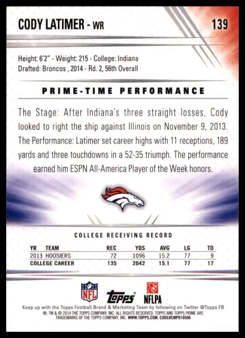 2014 Topps Prime - Rookie Cody Latimer #139 Copper /350 (RC) - Football Card Single