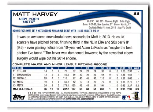 2014 Topps Red Foil #33 Matt Harvey NM-MT Mets ID:70756 - Baseball Card Single