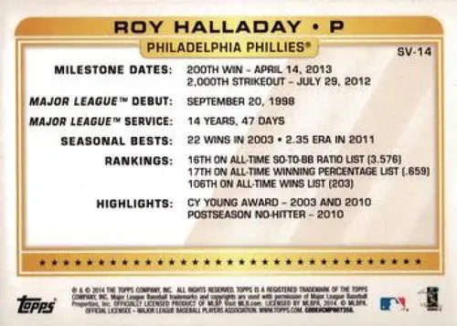 Roy Halladay baseball card back from 2014 Topps Super Veterans with original gloss
