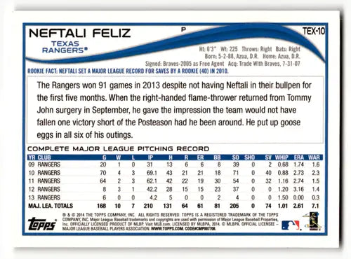 2014 Topps Team Set Texas Rangers #TEX-10 Neftali Feliz Baseball Card - Baseball Card Single