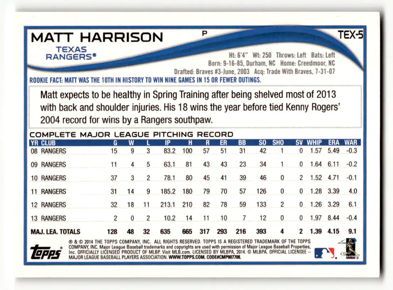 2014 Topps Team Set Texas Rangers #TEX-5 Matt Harrison Baseball Card Free Ship - Baseball Card Single