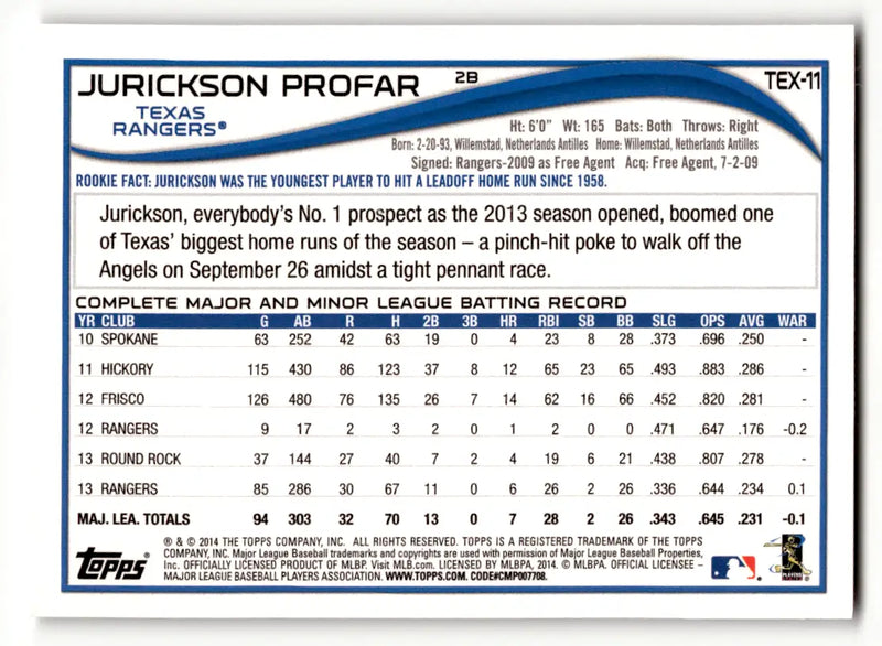 Jurickson Profar baseball card from 2014 Topps Texas Rangers Team Set