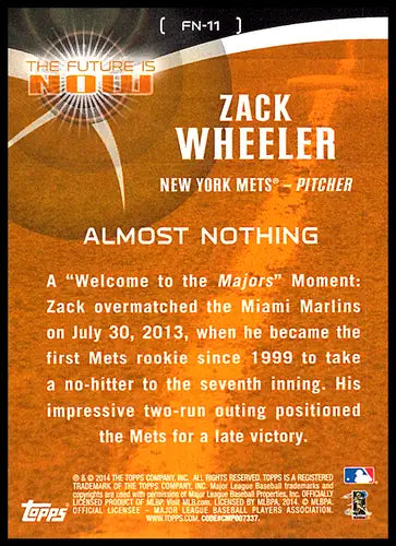2014 Topps The Future Is Now #FN-11 Zack Wheeler NM-MT Mets ID:73308 - Baseball Card Single