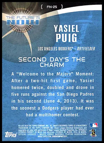 2014 Topps The Future Is Now #FN-25 Yasiel Puig NM-MT Dodgers ID:81524 - Baseball Card Single