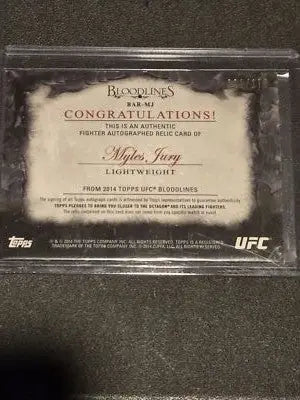 2014 Topps UFC Bloodlines #BAR-MJ Myles Jury Autograph Relics #/175 - UFC/MMA Card Single