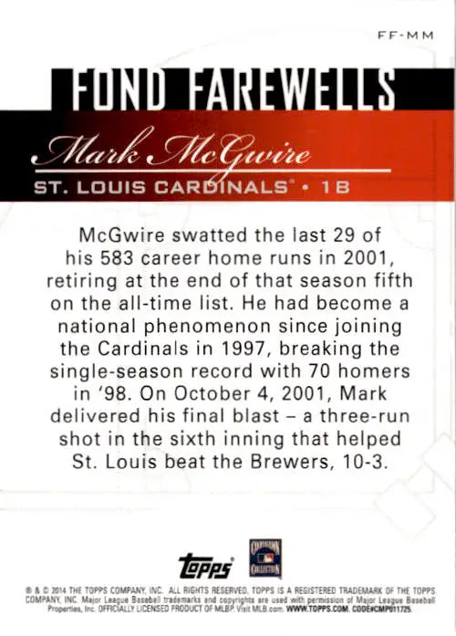 2014 Topps Update #FF-MM Mark McGwire Fond Farewells - Baseball Card Single