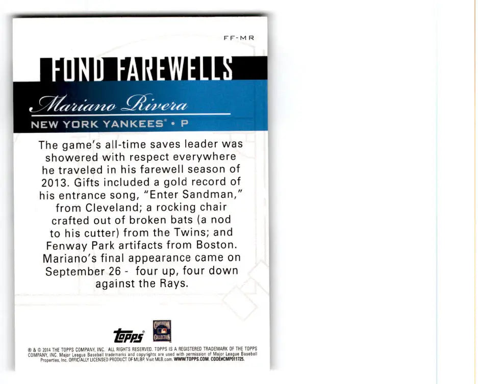 2014 Topps Update #FF-MR Mariano Rivera Fond Farewells - Baseball Card Single