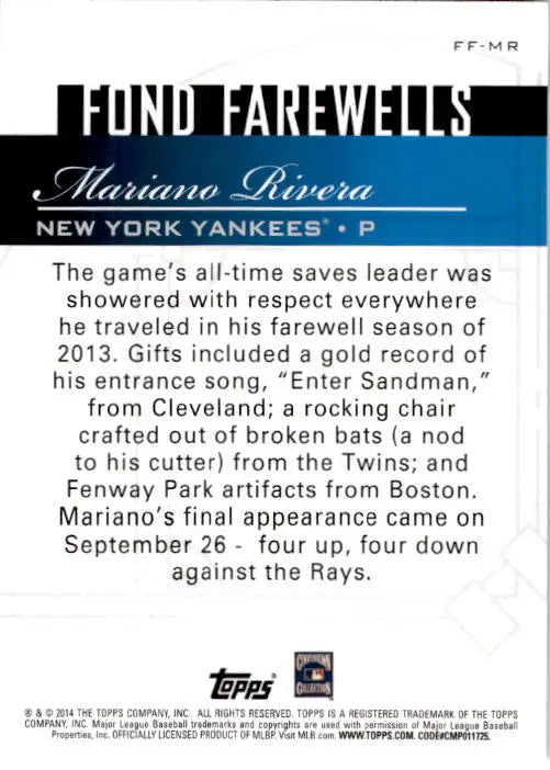 2014 Topps Update #FF-MR Mariano Rivera Fond Farewells - Baseball Card Single