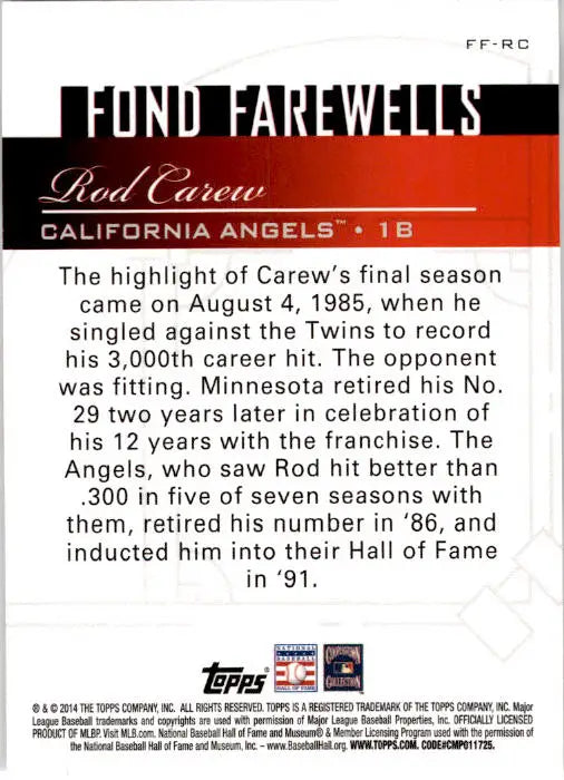 2014 Topps Update #FF-RC Rod Carew Fond Farewells - Baseball Card Single