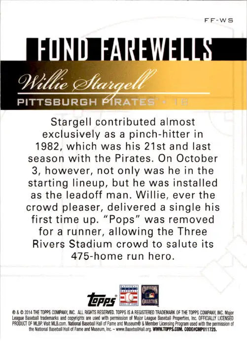 2014 Topps Update #FF-WS Willie Stargell Fond Farewells - Baseball Card Single