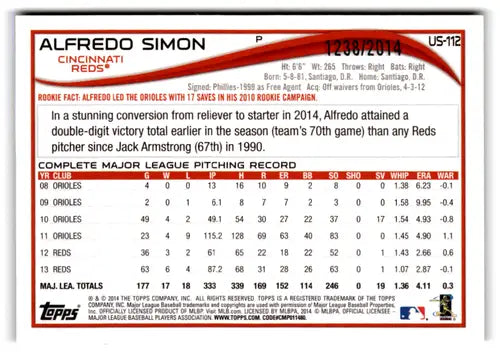 Alfredo Simon baseball card from 2014 Topps Update Gold series, Reds player collectible